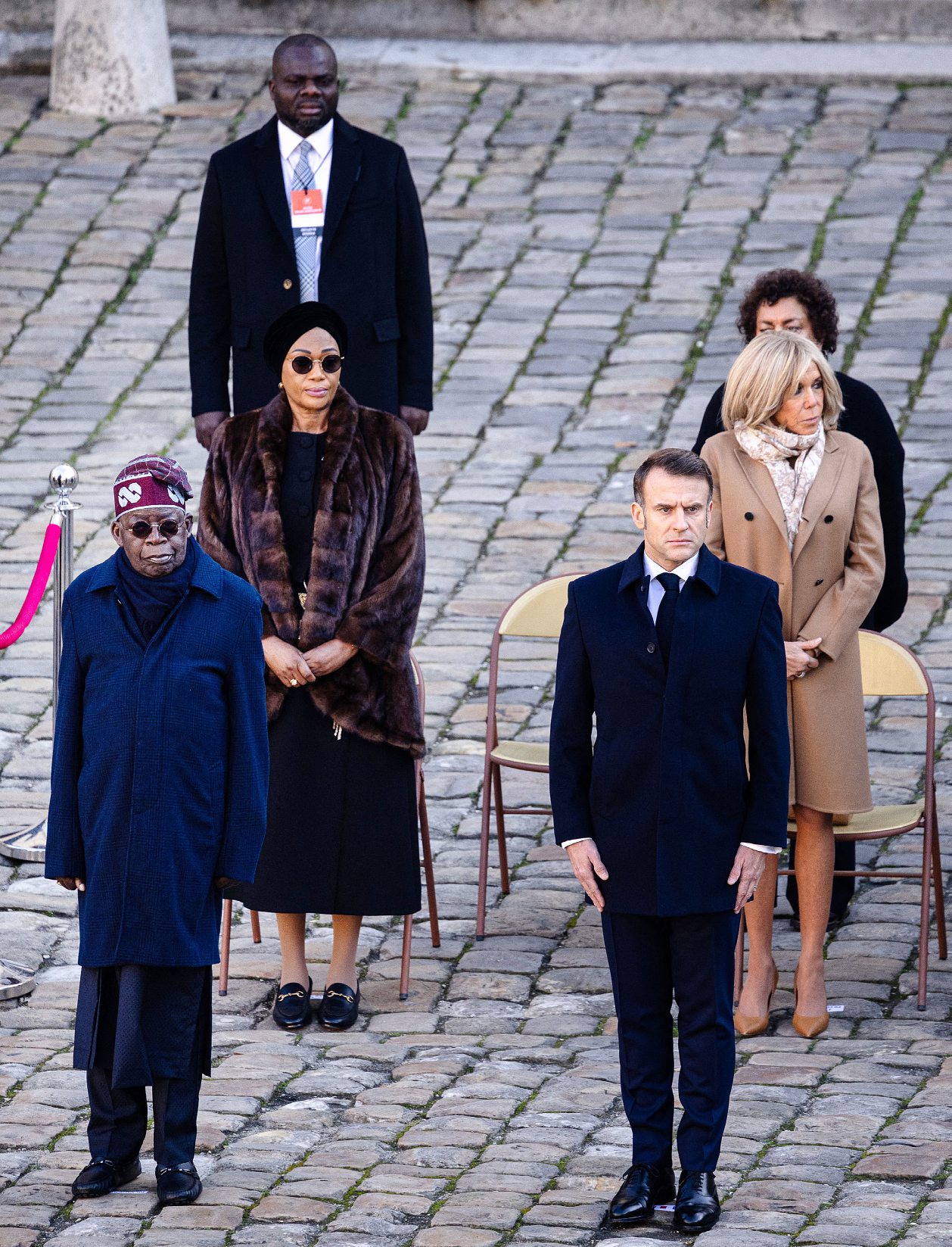 Bola Tinubu with French President Emmanuel Macron on 28 November 2024 at the Hôtel des Invalides in Paris during a state visit. Behind them, First Ladies Oluremi Tinubu and Brigitte Macron. AMAURY CORNU/HANS LUCAS/HANS LUCAS VIAAFP