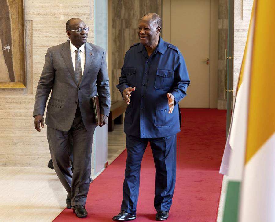 Head of State Alassane Ouattara alongside Vice-President Tiémoko Meyliet Koné in March 2025. ARISTIDE COTE D’IVOIRE PRESIDENCY