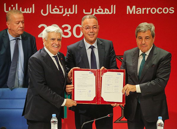 Faouzi Lakjaa, Pedro Rocha and Fernando Gomes, presidents of the Moroccan, Spanish and Portuguese football federations, in Rabat on 28 October 2023, after submitting their joint bid. AFP OR LICENSORS