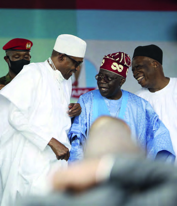 The ruling party candidate, the "kingmaker" succeeded Muhammadu Buhari (left). Here, he is with APC President Abdullahi Adamu (right) at the announcement of the primary winner in June 2022. KOLA SULAIMON/AFP 