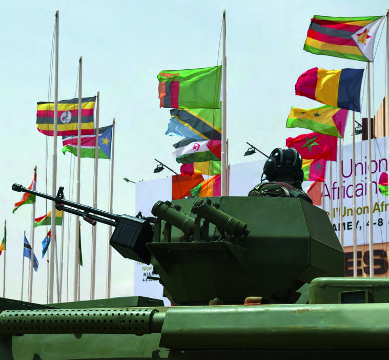 A Nigerien tank in front of the convention center during the 33rd African Union summit in June 2019. ISSOUF SANOGO/AFP