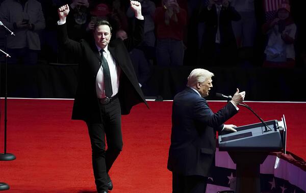 Sunday 19 January 2025, Donald Trump and Elon Musk at the Capital One Arena in Washington on the eve of the inauguration. HAIYUN JIANG/THE NEW YORK TIMES-REDUX-REA