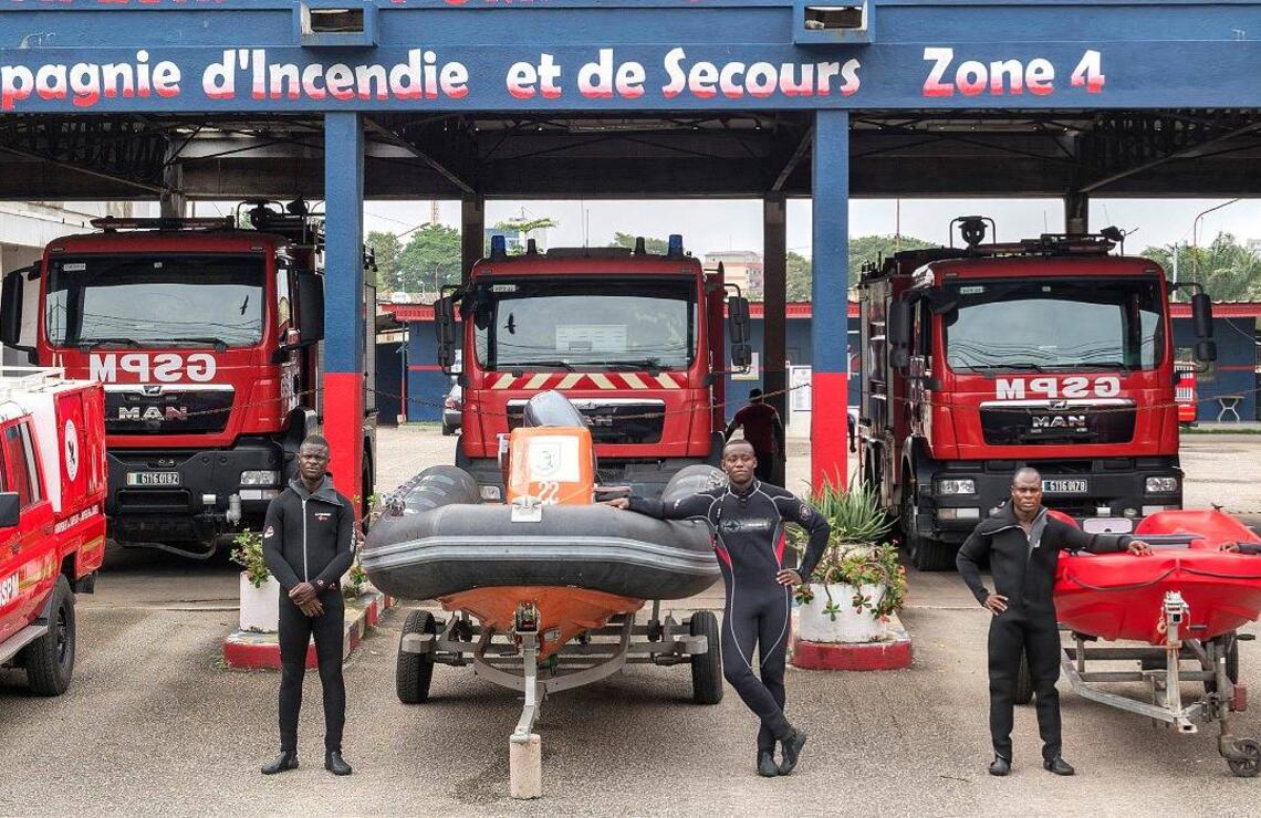 Firefighters from the Reconnaissance and Intervention Group in Perilous Environments (GRIMP) belonging to the second fire and rescue company. Here, in front of their barracks in Zone 4. They are on the front line for any emergency rescue. NABIL ZORKOT