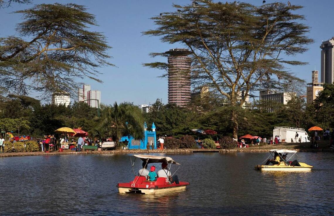 Pedal boats on an artificial lake in Uhuru Park. SIEGFRIED MODOLA/ALAMY STOCK PHOTO